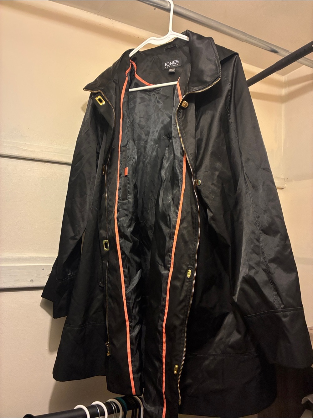 Jones New York Black Raincoat with Coral Trim